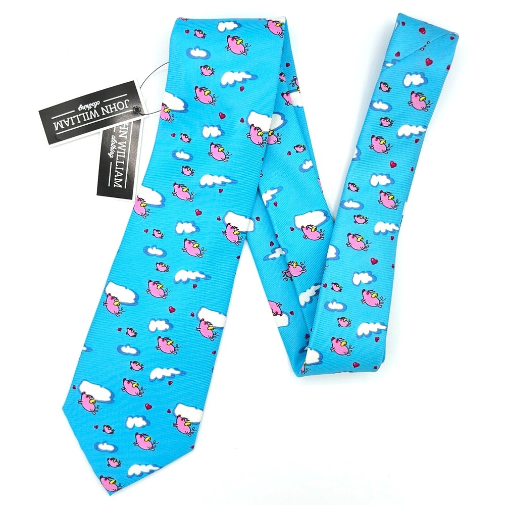 Flying Pig‎ Necktie Mens Blue Pink John William Eternal Optimist Polyester Tie